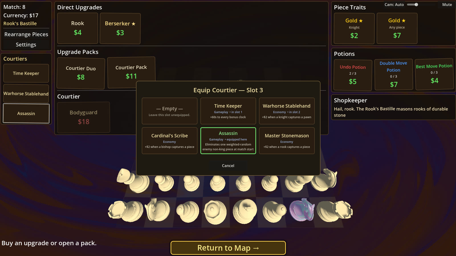 Equipping a courtier in the Rook's Bastille shop
