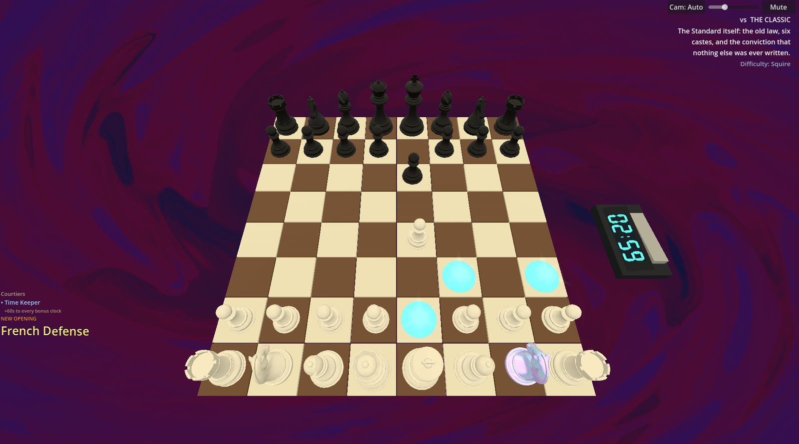 Full board with highlighted moves and a named opening, the French Defense
