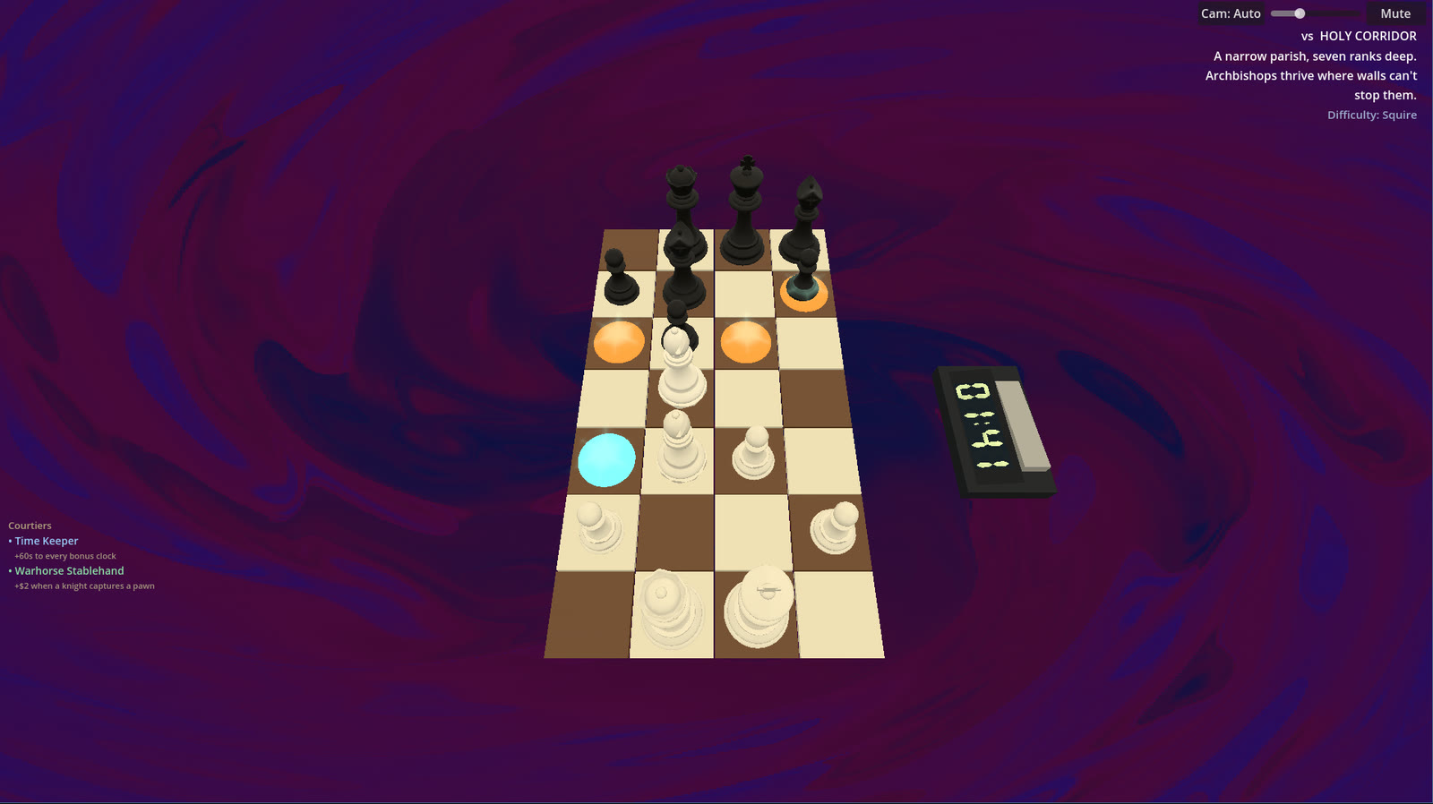 A narrow seven-rank board, the Holy Corridor, with gold pieces