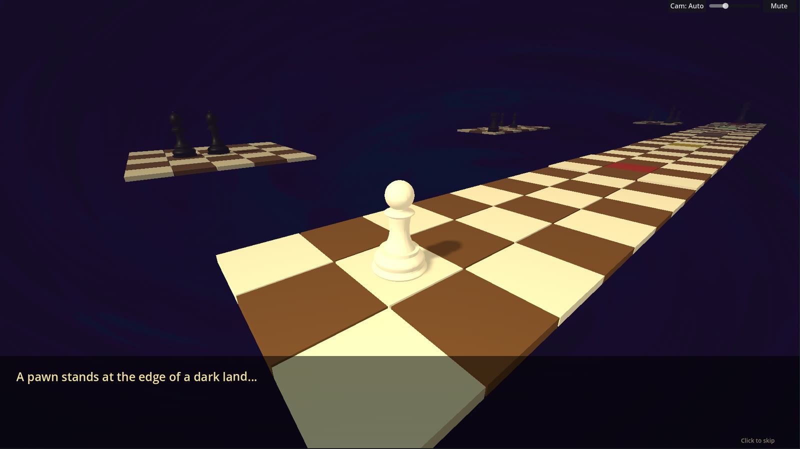 Intro cutscene: a lone white pawn at the edge of a dark land