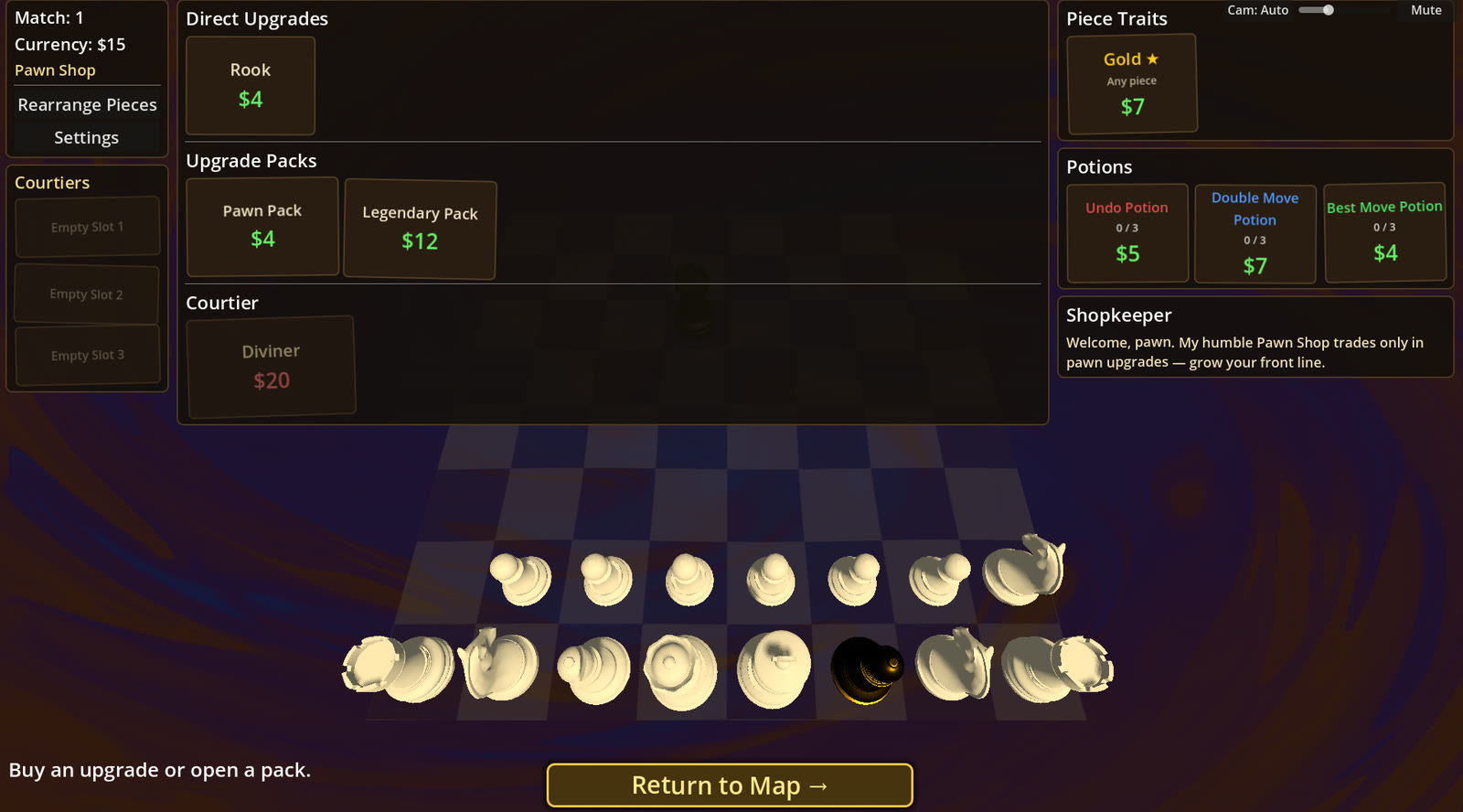 The Pawn Shop interface with upgrades, packs, traits and potions