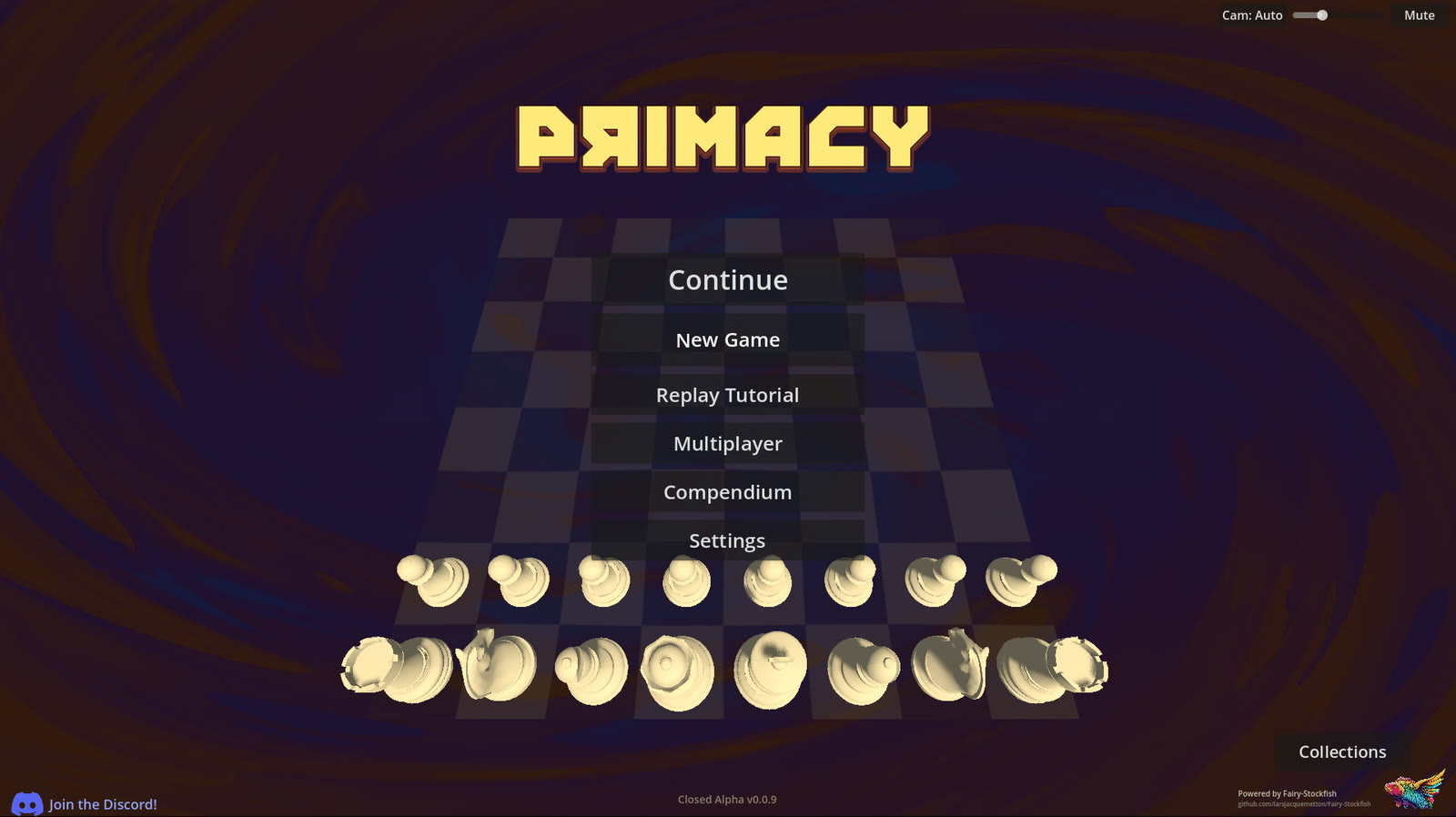 Primacy title screen with a gold pixel-art logo over a 3D chess board